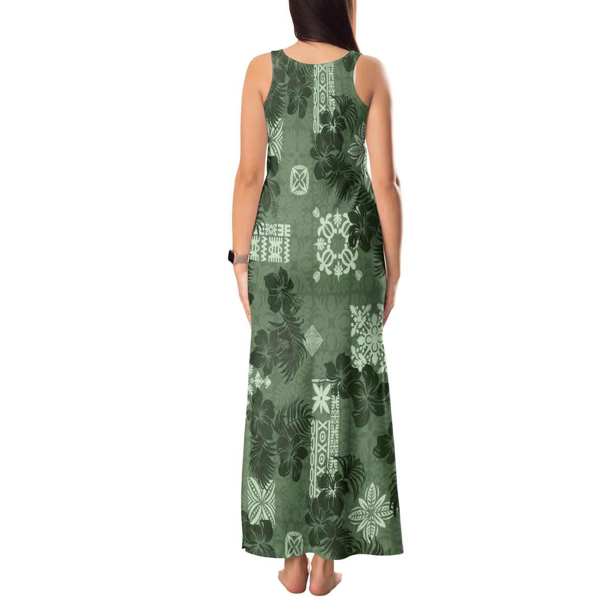 Hawaii Tapa Tank Maxi Dress Hibiscus Mix Hawaiian Quilt Patches - Sage Green - Wonder Print Shop
