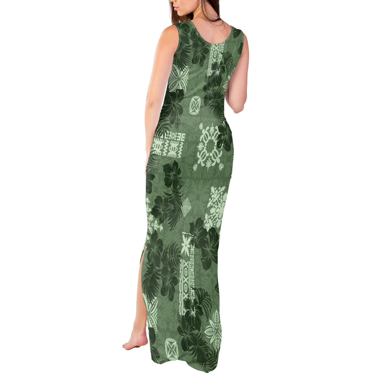 Hawaii Tapa Tank Maxi Dress Hibiscus Mix Hawaiian Quilt Patches - Sage Green - Wonder Print Shop