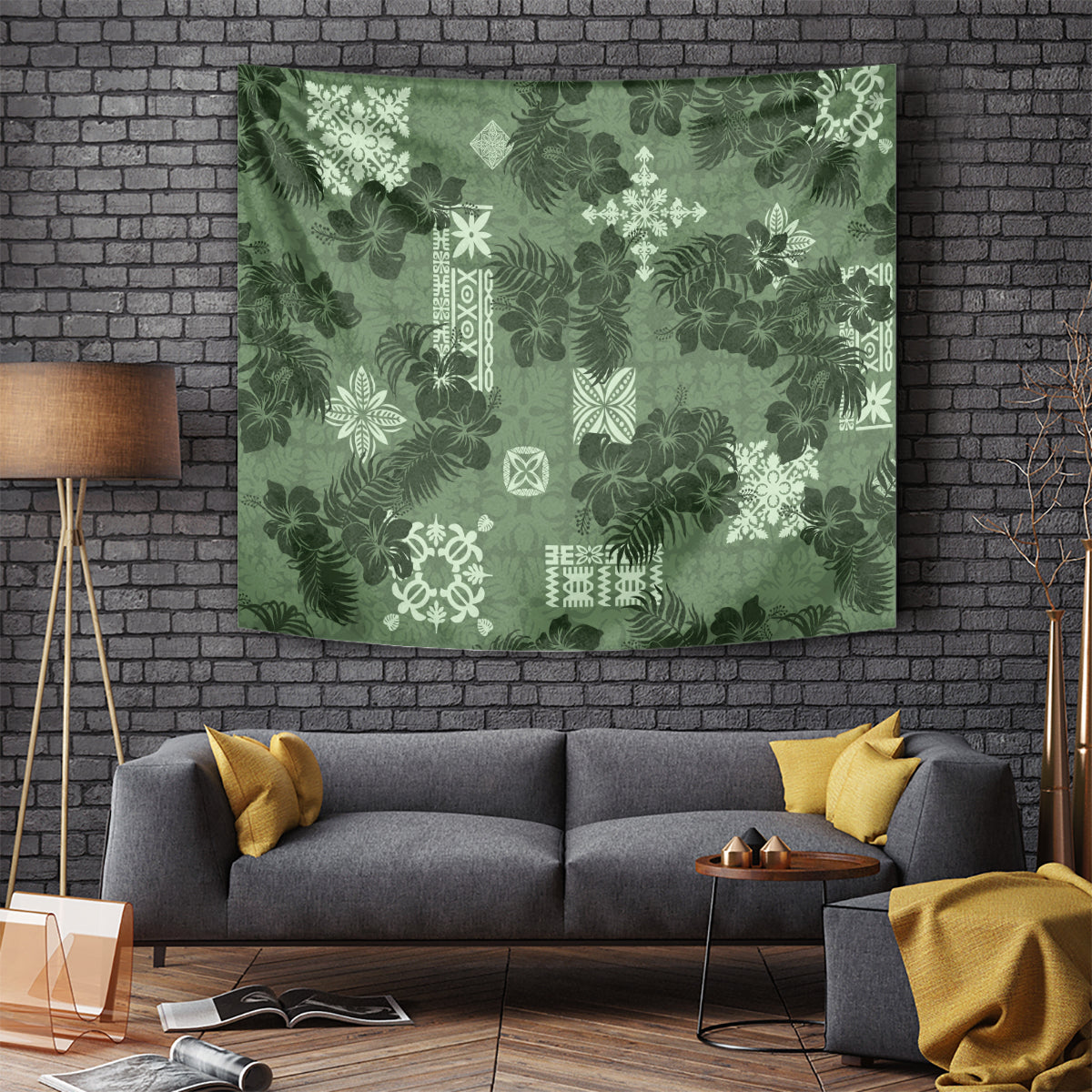 Hawaii Tapa Tapestry Hibiscus Mix Hawaiian Quilt Patches - Sage Green - Wonder Print Shop