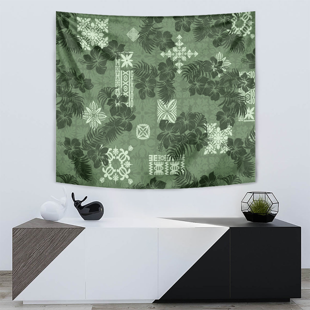 Hawaii Tapa Tapestry Hibiscus Mix Hawaiian Quilt Patches - Sage Green - Wonder Print Shop