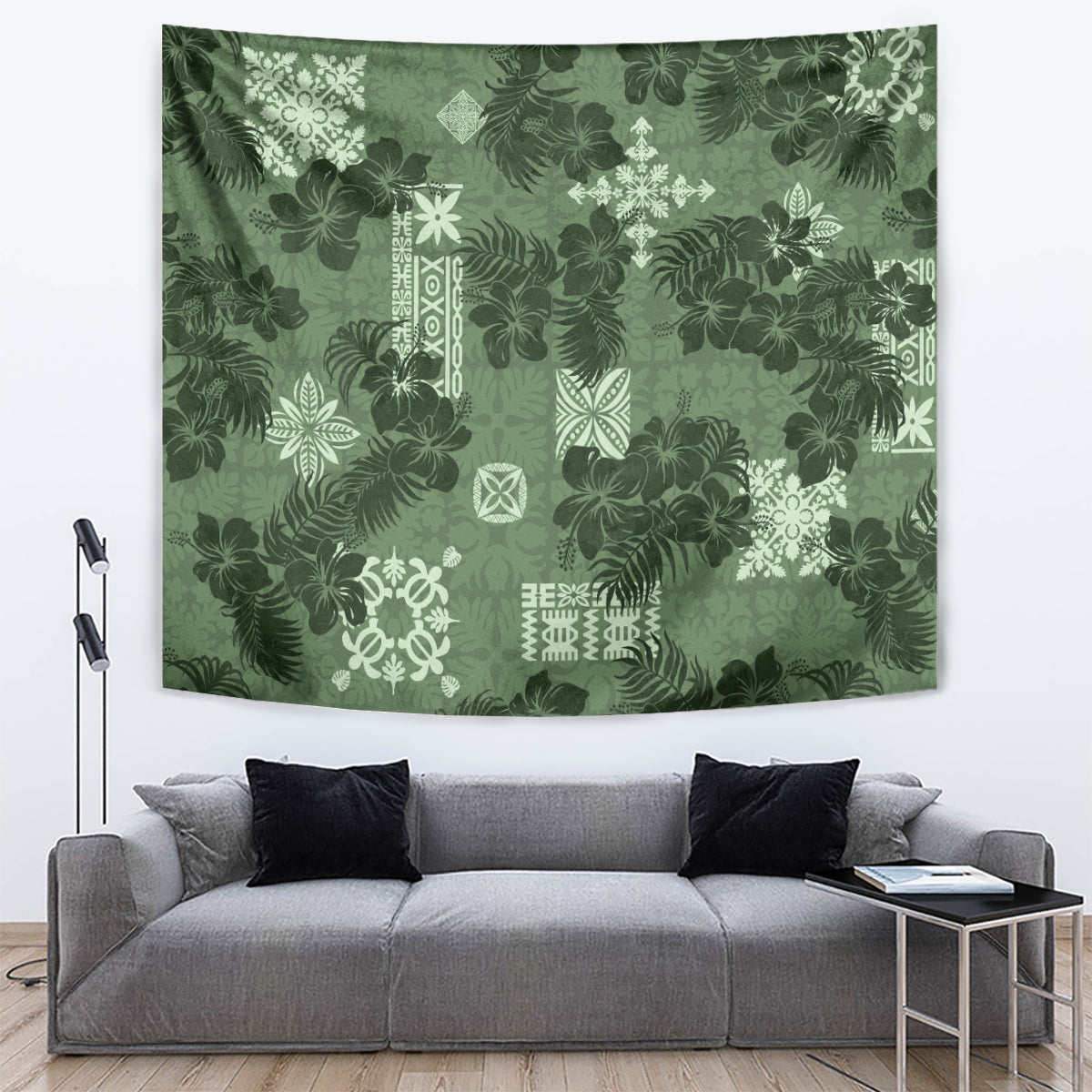 Hawaii Tapa Tapestry Hibiscus Mix Hawaiian Quilt Patches - Sage Green - Wonder Print Shop