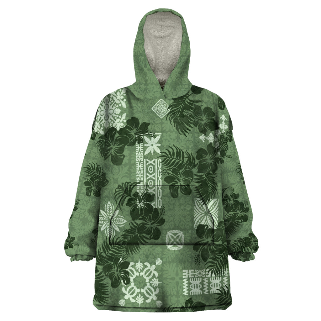 Hawaii Tapa Wearable Blanket Hoodie Hibiscus Mix Hawaiian Quilt Patches - Sage Green - Wonder Print Shop
