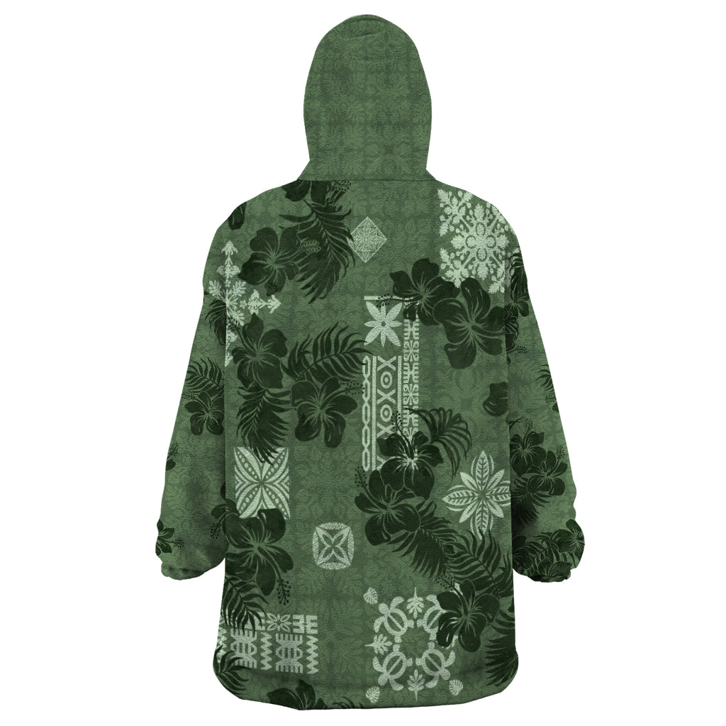 Hawaii Tapa Wearable Blanket Hoodie Hibiscus Mix Hawaiian Quilt Patches - Sage Green - Wonder Print Shop