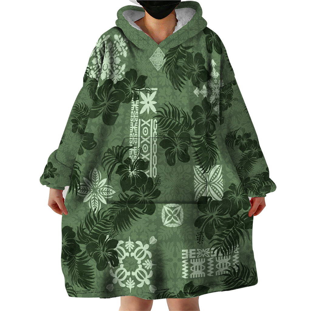 Hawaii Tapa Wearable Blanket Hoodie Hibiscus Mix Hawaiian Quilt Patches - Sage Green - Wonder Print Shop