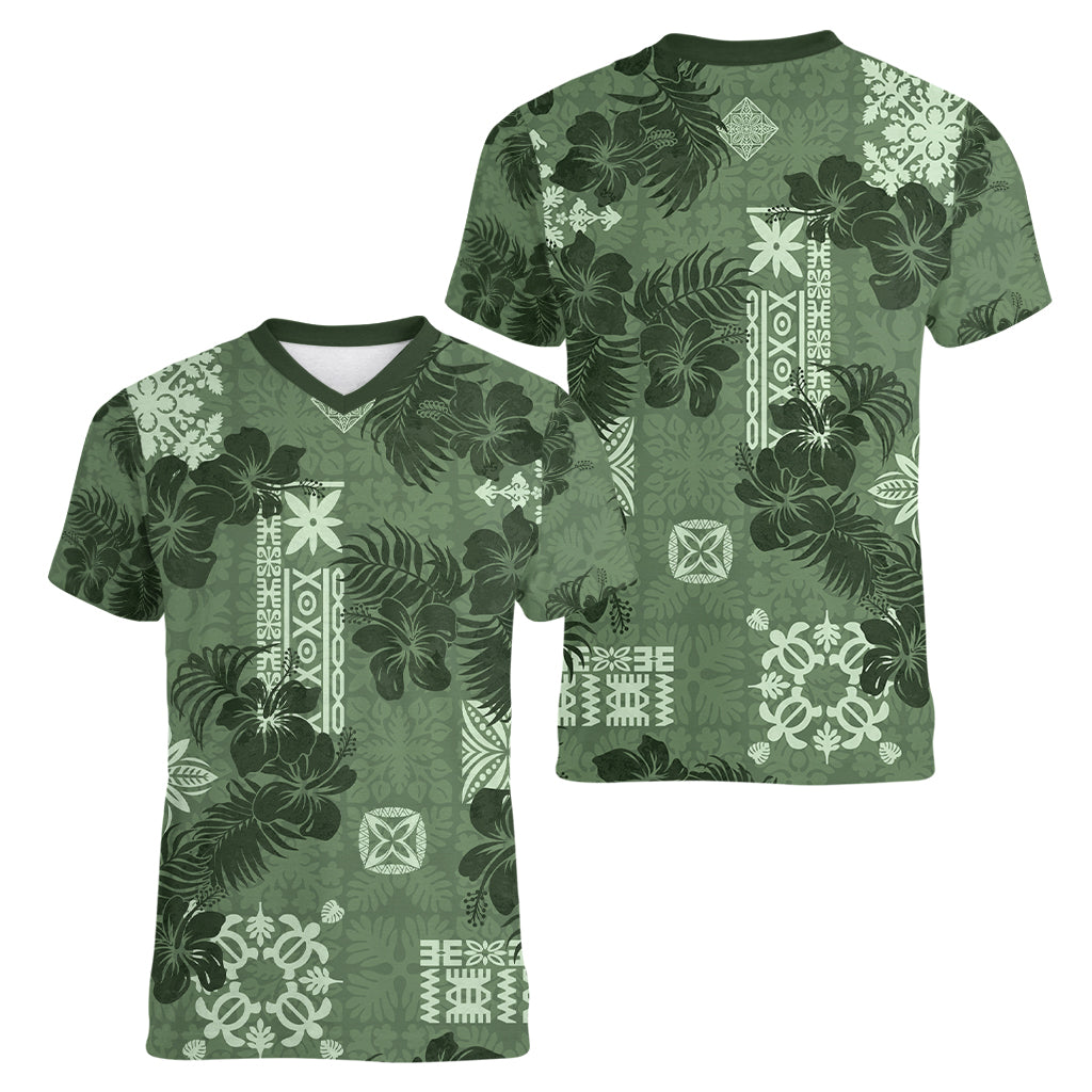 Hawaii Tapa Women V Neck T Shirt Hibiscus Mix Hawaiian Quilt Patches - Sage Green - Wonder Print Shop