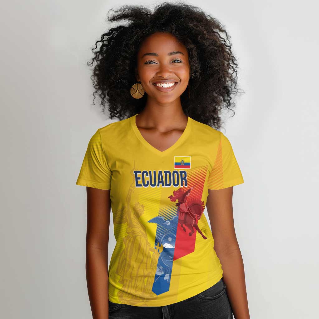 Ecuador Football Custom WC2026 Women V-Neck T-Shirt Historical Symbols - Wonder Print Shop
