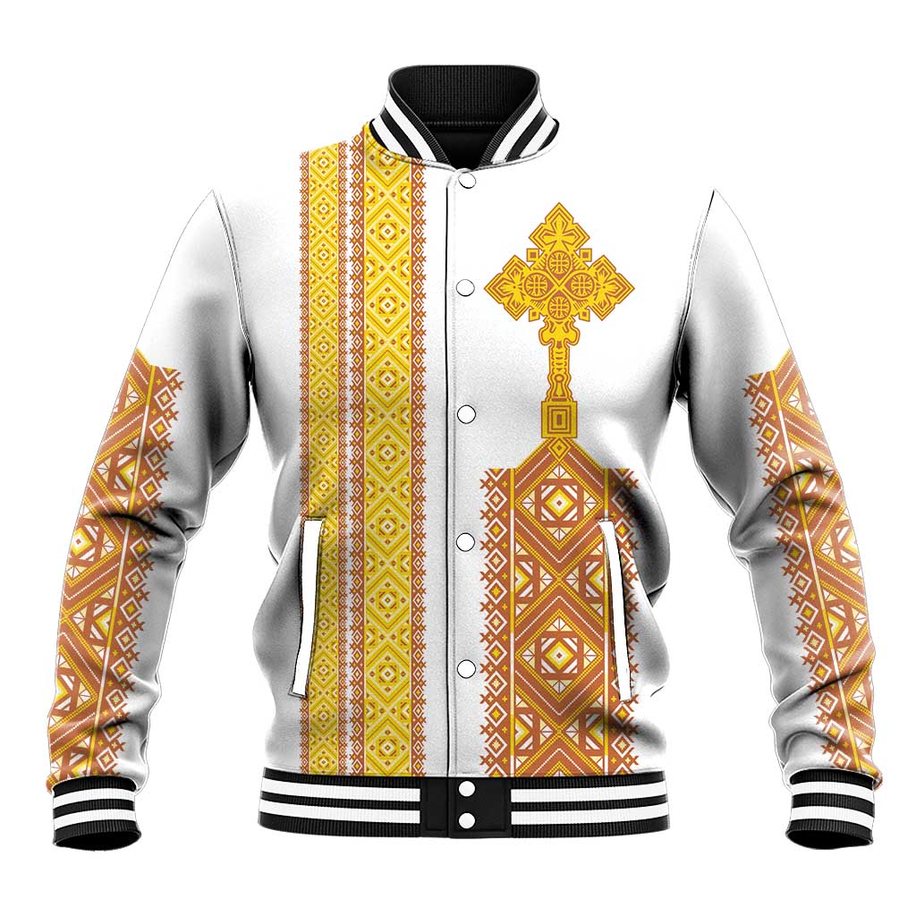 Habesha Motifs Ethiopia Baseball Jacket Tilet White Gold