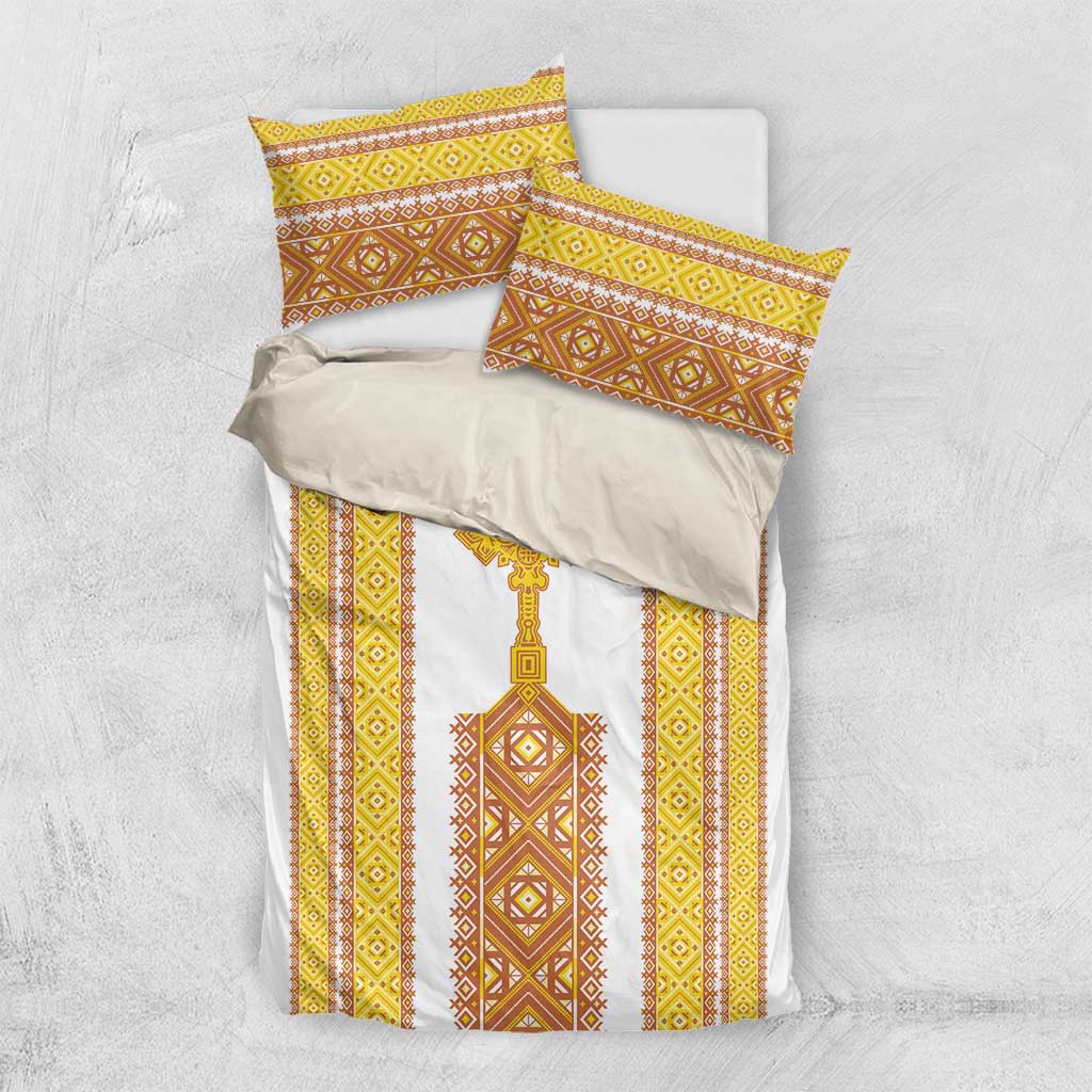 Habesha Motifs Ethiopia Bedding Set Tilet White Gold