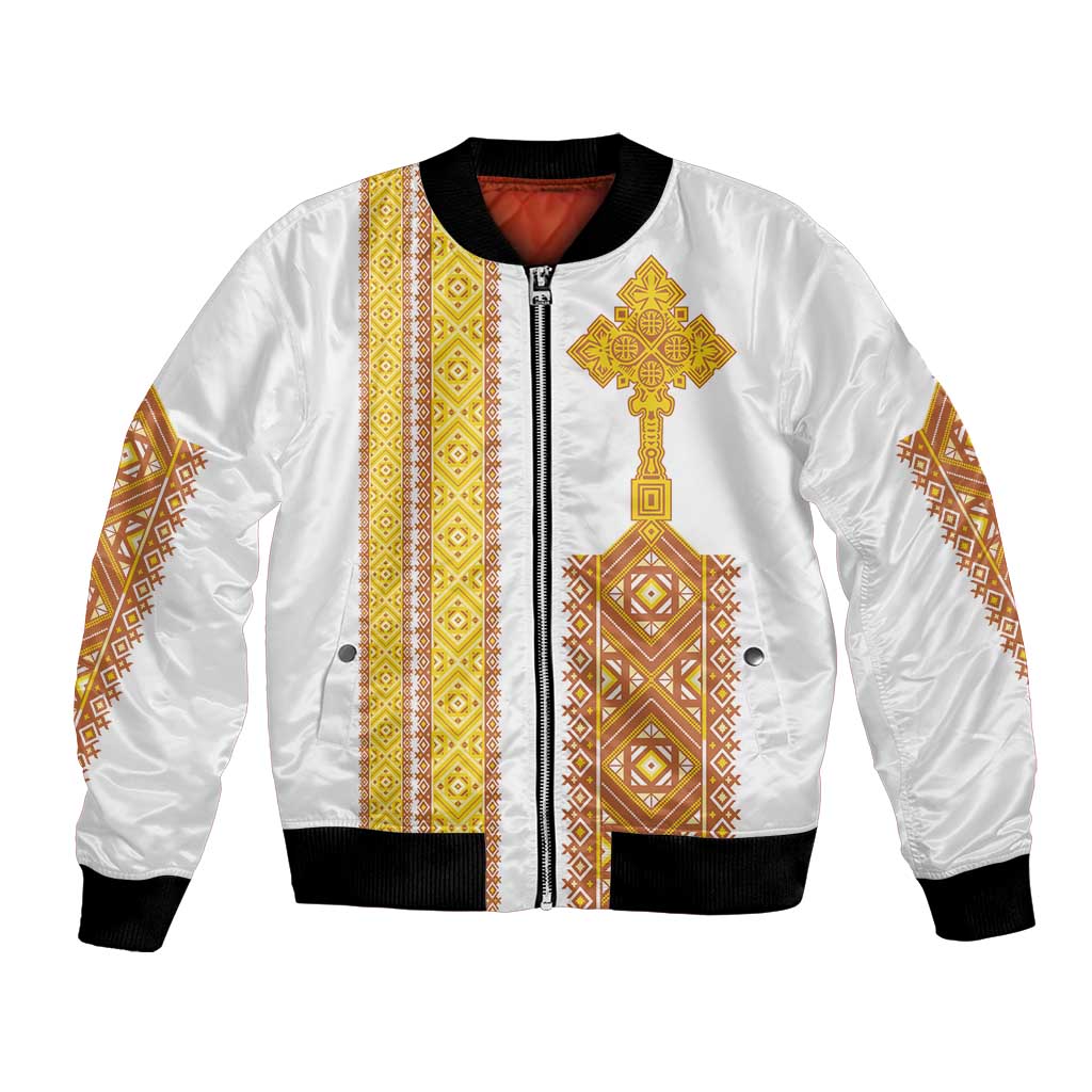 Habesha Motifs Ethiopia Bomber Jacket Tilet White Gold