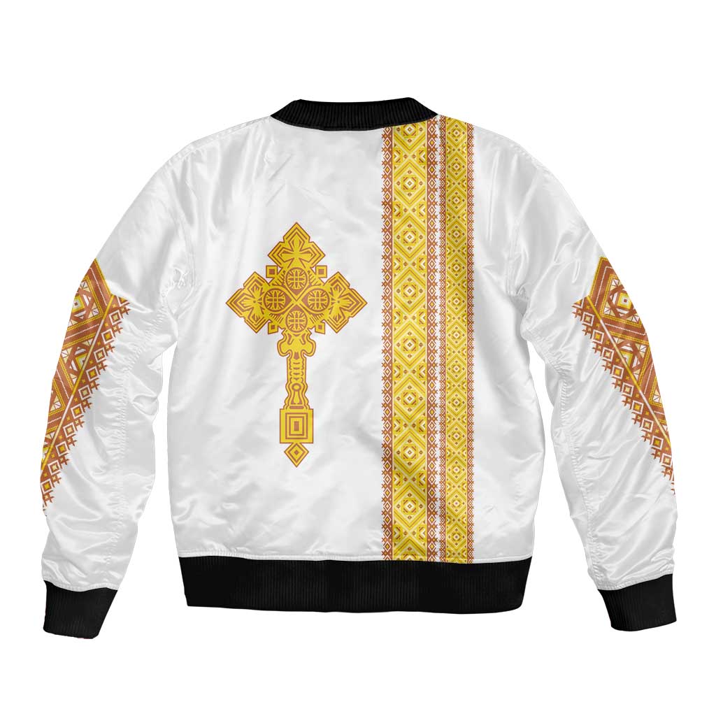 Habesha Motifs Ethiopia Bomber Jacket Tilet White Gold