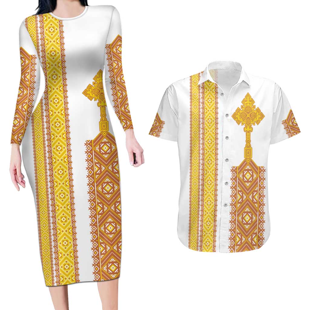 Habesha Motifs Ethiopia Couples Matching Long Sleeve Bodycon Dress and Hawaiian Shirt Tilet White Gold