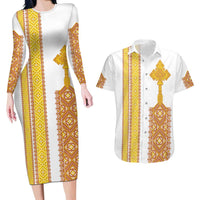 Habesha Motifs Ethiopia Couples Matching Long Sleeve Bodycon Dress and Hawaiian Shirt Tilet White Gold