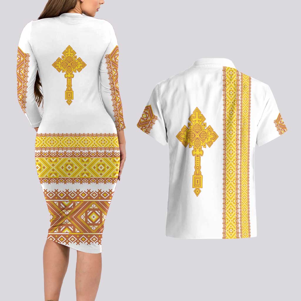 Habesha Motifs Ethiopia Couples Matching Long Sleeve Bodycon Dress and Hawaiian Shirt Tilet White Gold