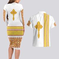 Habesha Motifs Ethiopia Couples Matching Long Sleeve Bodycon Dress and Hawaiian Shirt Tilet White Gold