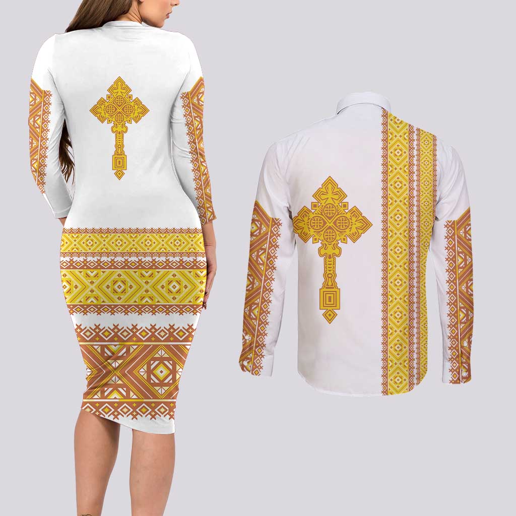 Habesha Motifs Ethiopia Couples Matching Long Sleeve Bodycon Dress and Long Sleeve Button Shirt Tilet White Gold