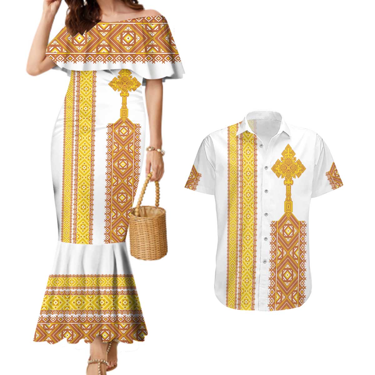 Habesha Motifs Ethiopia Couples Matching Mermaid Dress and Hawaiian Shirt Tilet White Gold