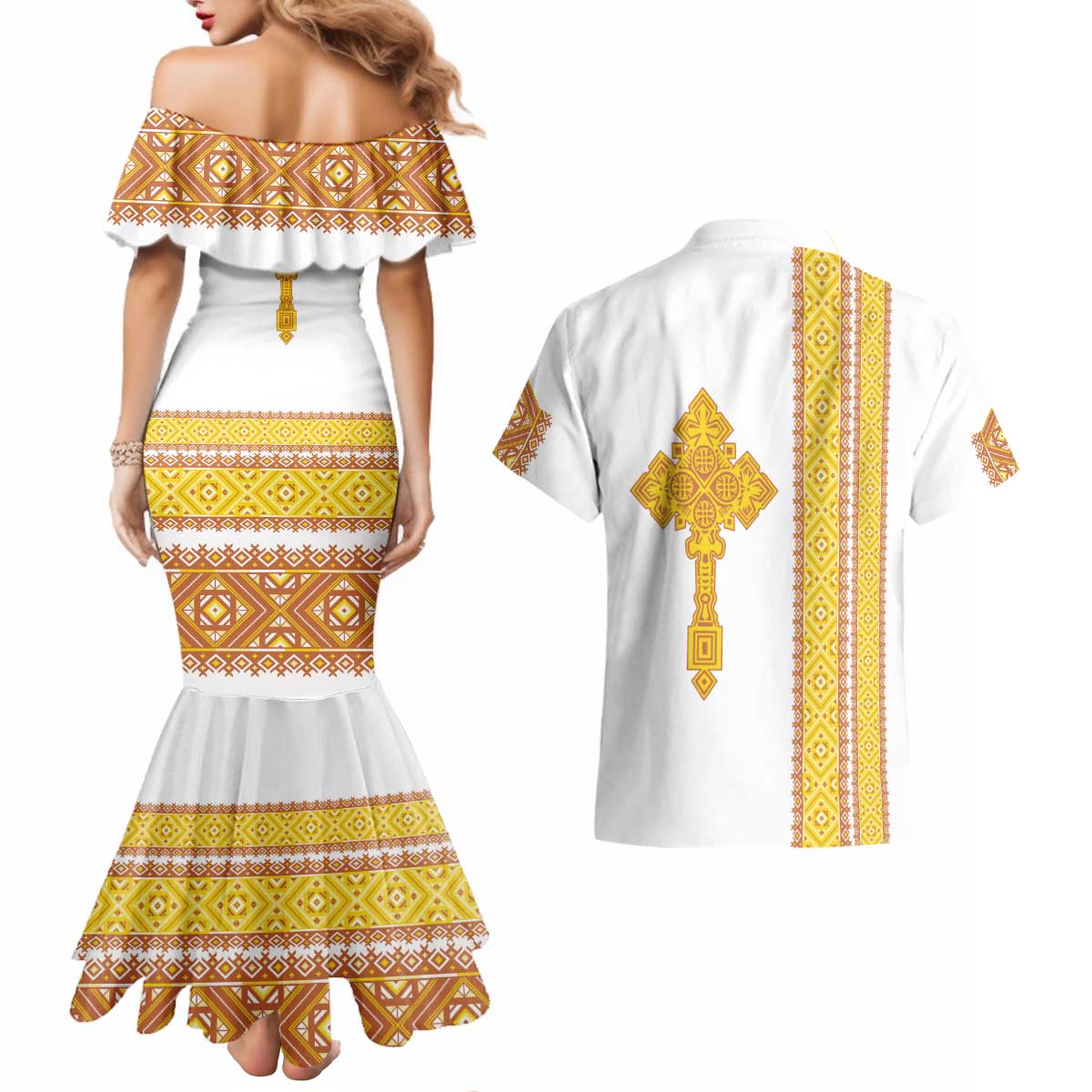 Habesha Motifs Ethiopia Couples Matching Mermaid Dress and Hawaiian Shirt Tilet White Gold