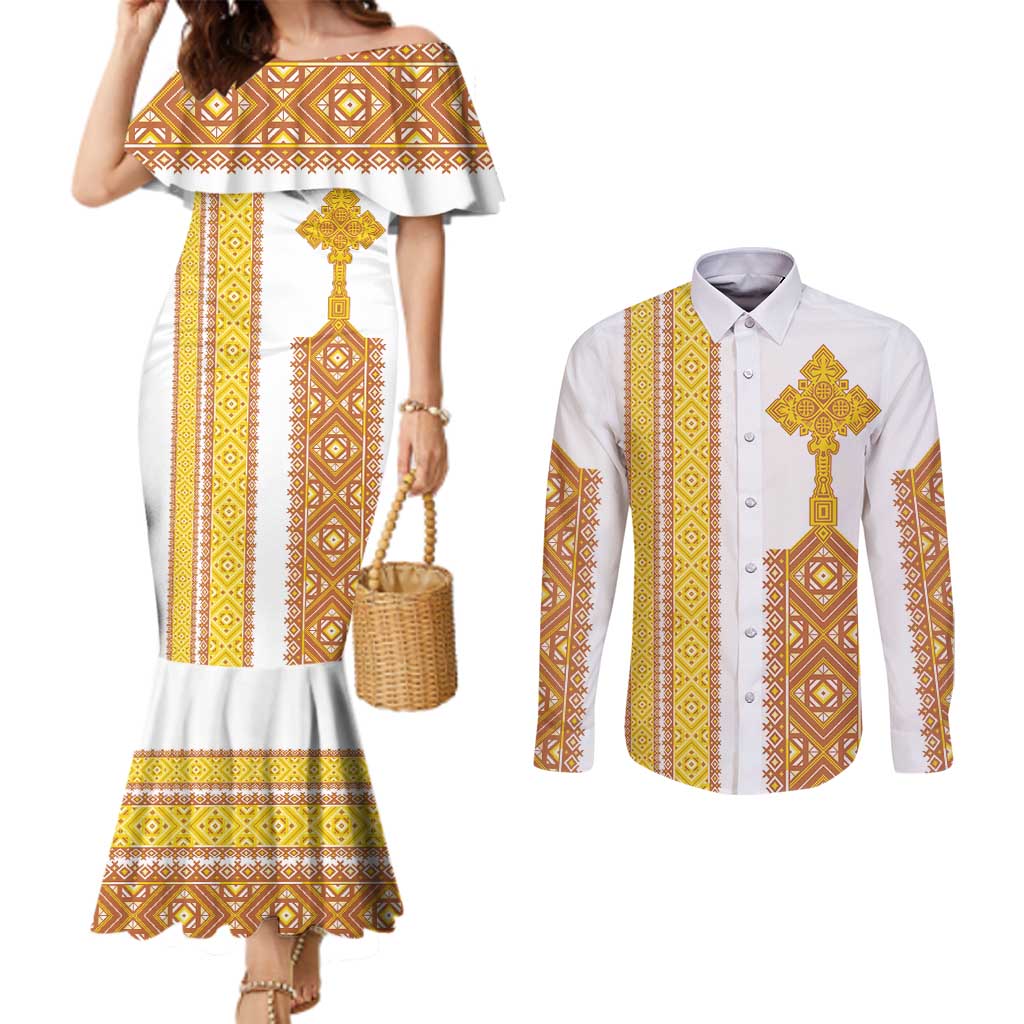 Habesha Motifs Ethiopia Couples Matching Mermaid Dress and Long Sleeve Button Shirt Tilet White Gold