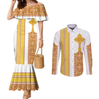 Habesha Motifs Ethiopia Couples Matching Mermaid Dress and Long Sleeve Button Shirt Tilet White Gold