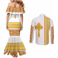 Habesha Motifs Ethiopia Couples Matching Mermaid Dress and Long Sleeve Button Shirt Tilet White Gold