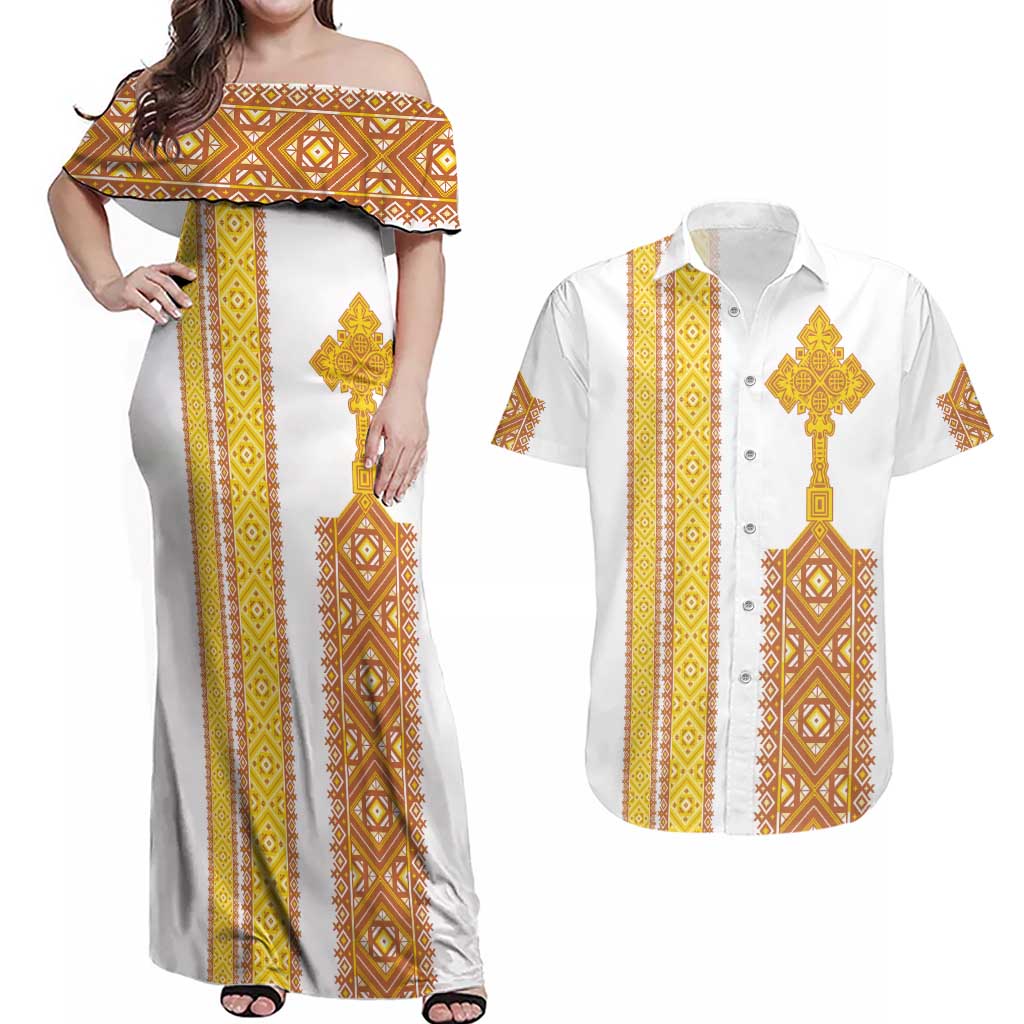 Habesha Motifs Ethiopia Couples Matching Off Shoulder Maxi Dress and Hawaiian Shirt Tilet White Gold
