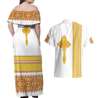 Habesha Motifs Ethiopia Couples Matching Off Shoulder Maxi Dress and Hawaiian Shirt Tilet White Gold