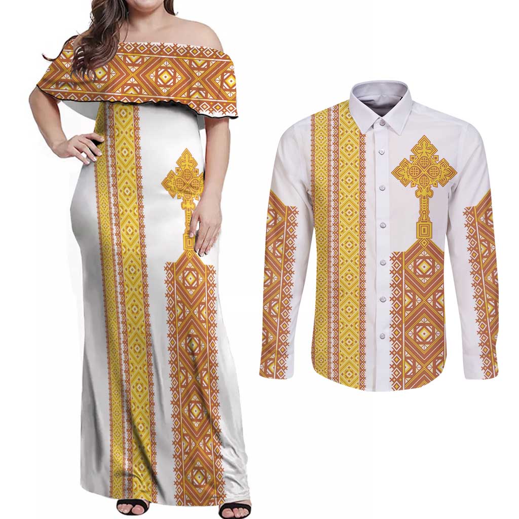 Habesha Motifs Ethiopia Couples Matching Off Shoulder Maxi Dress and Long Sleeve Button Shirt Tilet White Gold