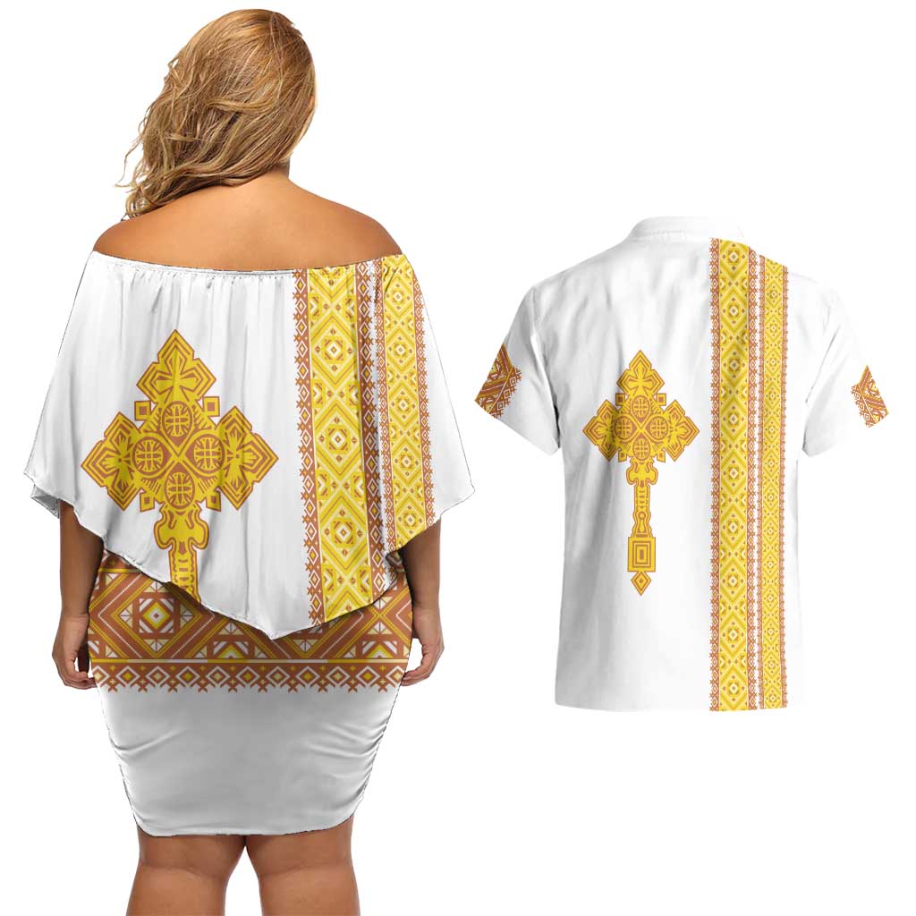 Habesha Motifs Ethiopia Couples Matching Off Shoulder Short Dress and Hawaiian Shirt Tilet White Gold