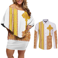 Habesha Motifs Ethiopia Couples Matching Off Shoulder Short Dress and Long Sleeve Button Shirt Tilet White Gold