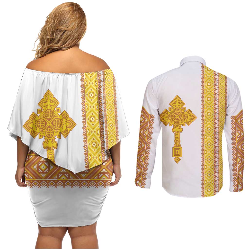 Habesha Motifs Ethiopia Couples Matching Off Shoulder Short Dress and Long Sleeve Button Shirt Tilet White Gold