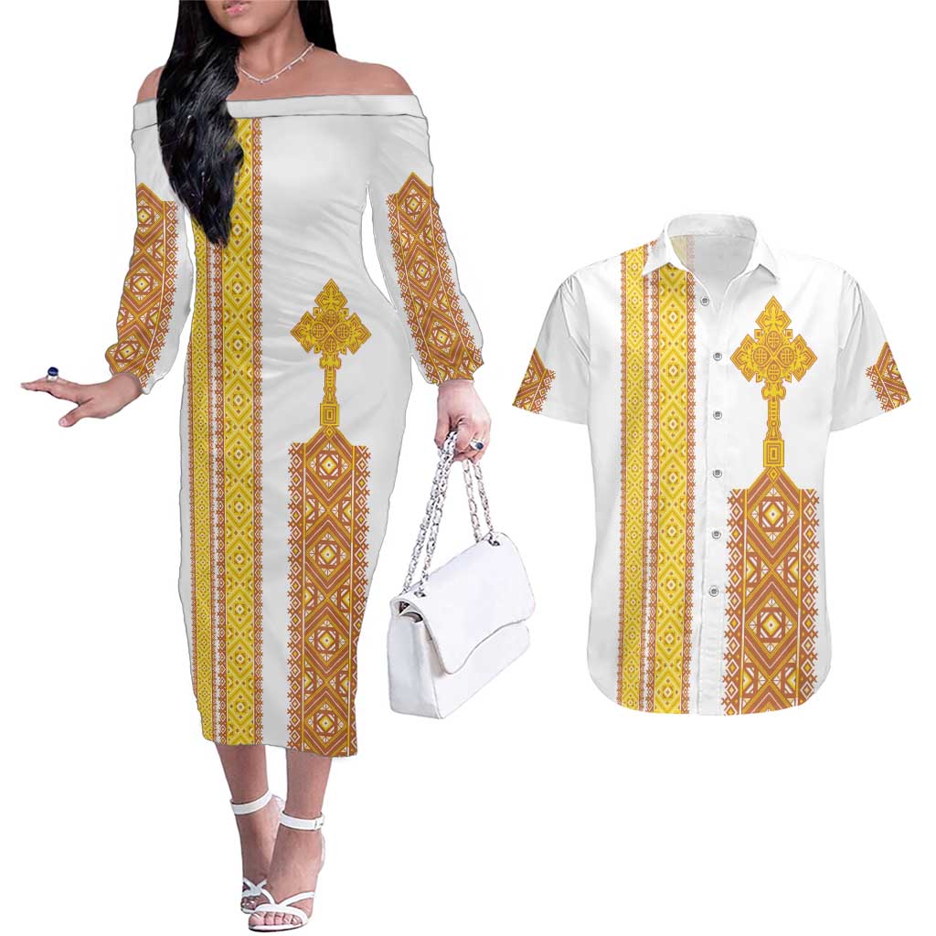Habesha Motifs Ethiopia Couples Matching Off The Shoulder Long Sleeve Dress and Hawaiian Shirt Tilet White Gold