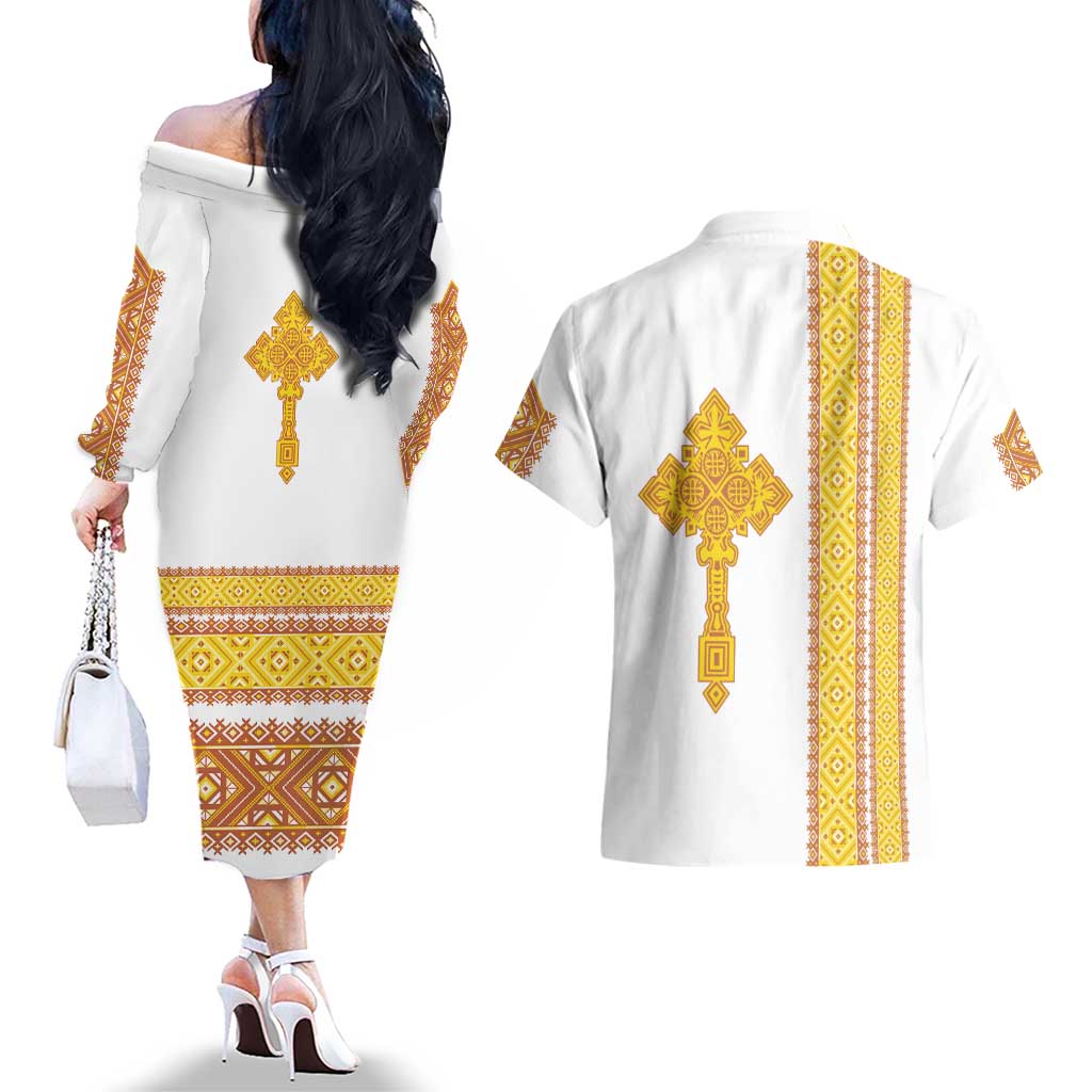 Habesha Motifs Ethiopia Couples Matching Off The Shoulder Long Sleeve Dress and Hawaiian Shirt Tilet White Gold