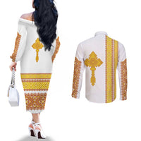 Habesha Motifs Ethiopia Couples Matching Off The Shoulder Long Sleeve Dress and Long Sleeve Button Shirt Tilet White Gold