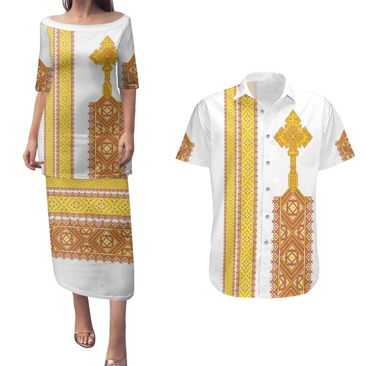 Habesha Motifs Ethiopia Couples Matching Puletasi and Hawaiian Shirt Tilet White Gold