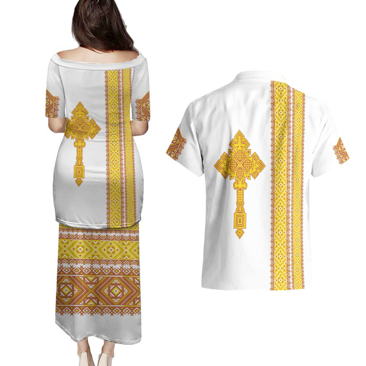 Habesha Motifs Ethiopia Couples Matching Puletasi and Hawaiian Shirt Tilet White Gold