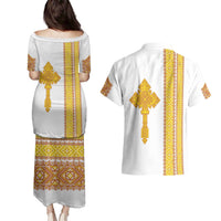 Habesha Motifs Ethiopia Couples Matching Puletasi and Hawaiian Shirt Tilet White Gold