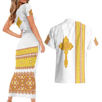 Habesha Motifs Ethiopia Couples Matching Short Sleeve Bodycon Dress and Hawaiian Shirt Tilet White Gold