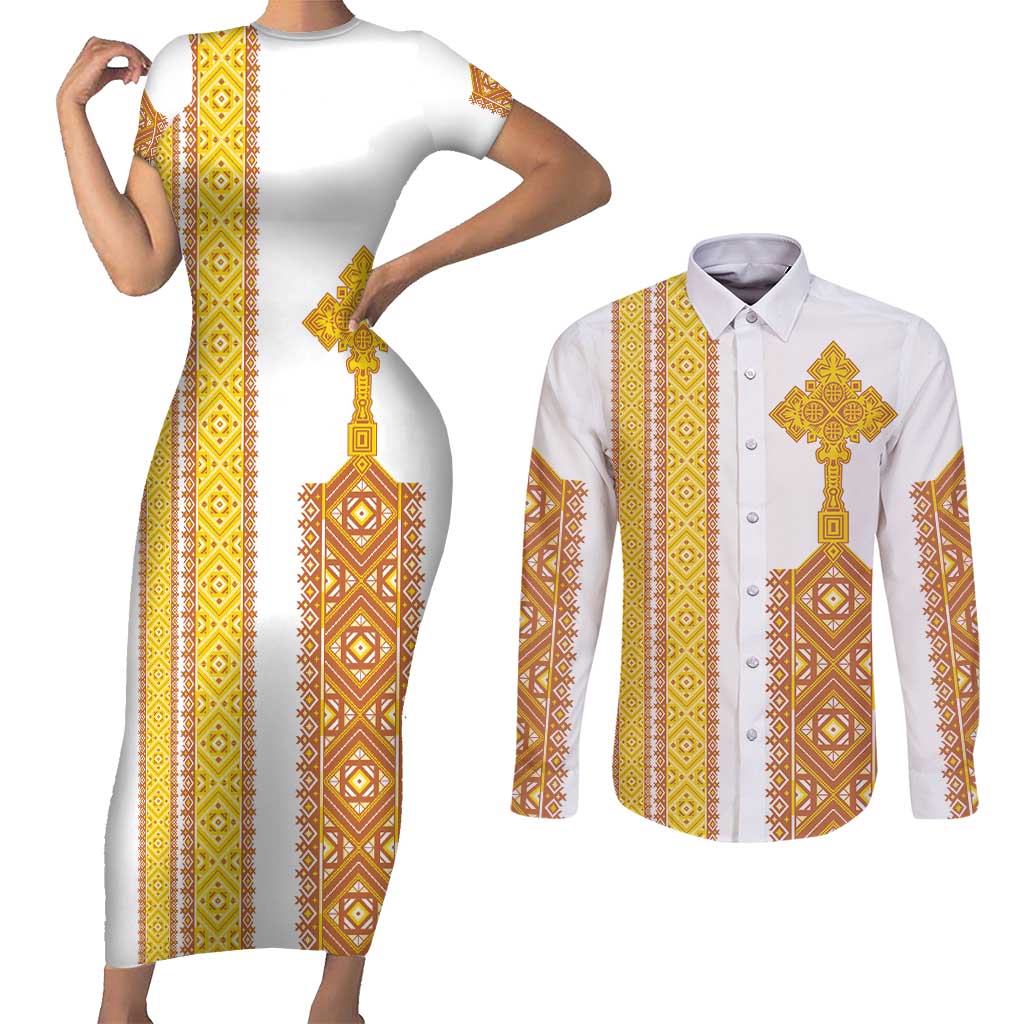 Habesha Motifs Ethiopia Couples Matching Short Sleeve Bodycon Dress and Long Sleeve Button Shirt Tilet White Gold