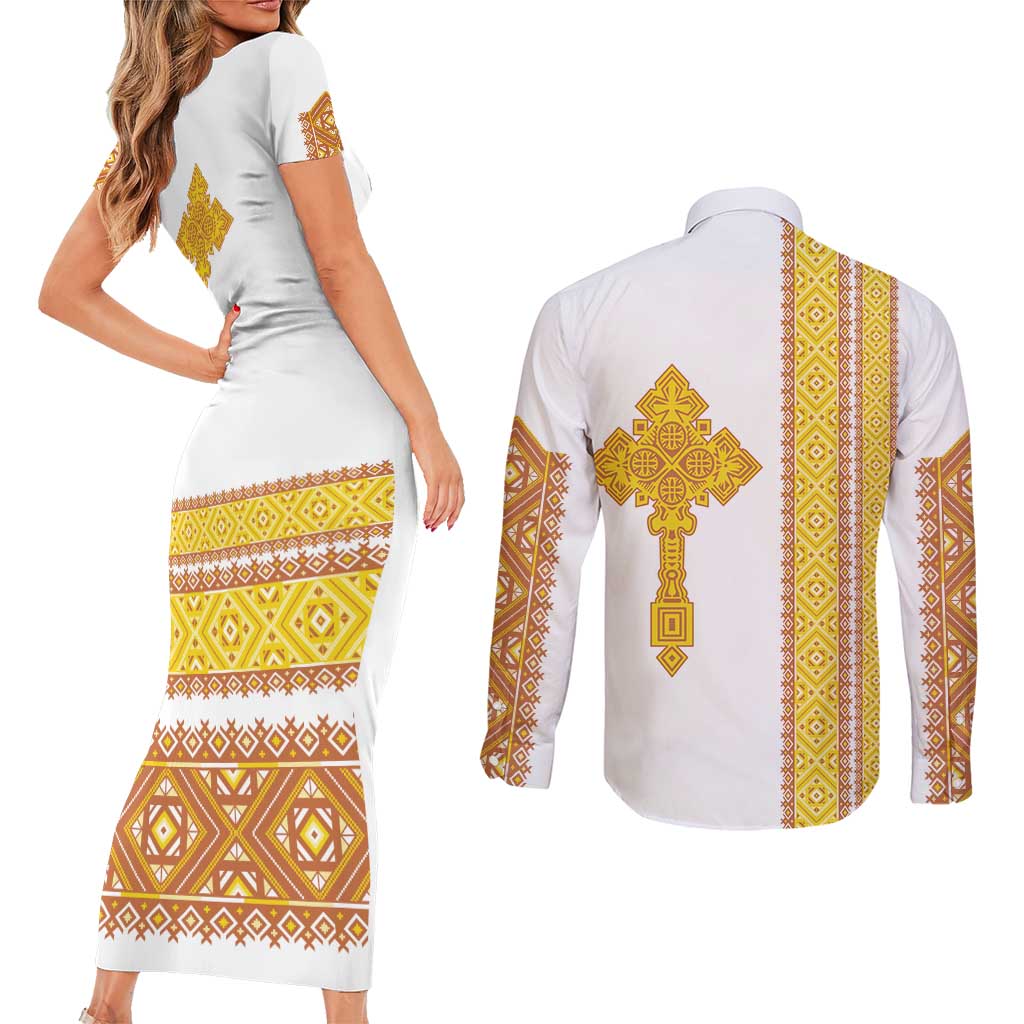 Habesha Motifs Ethiopia Couples Matching Short Sleeve Bodycon Dress and Long Sleeve Button Shirt Tilet White Gold