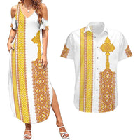 Habesha Motifs Ethiopia Couples Matching Summer Maxi Dress and Hawaiian Shirt Tilet White Gold