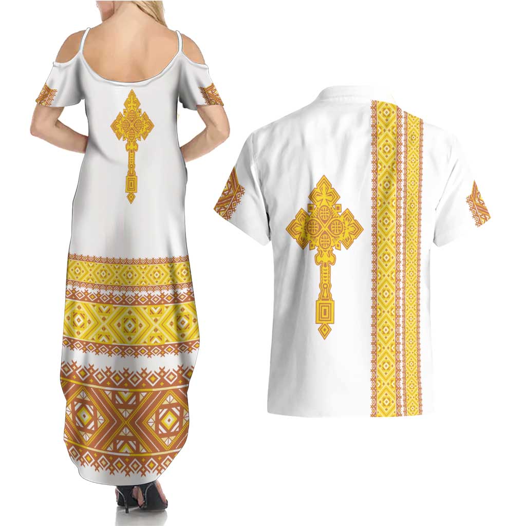 Habesha Motifs Ethiopia Couples Matching Summer Maxi Dress and Hawaiian Shirt Tilet White Gold