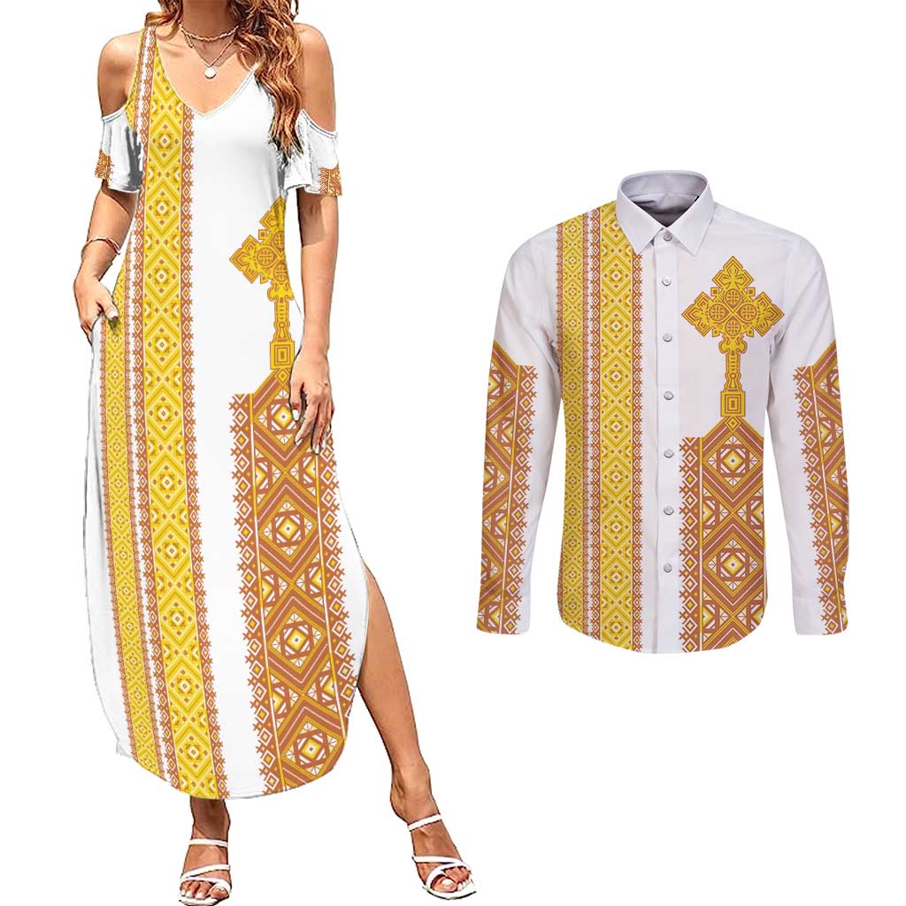 Habesha Motifs Ethiopia Couples Matching Summer Maxi Dress and Long Sleeve Button Shirt Tilet White Gold