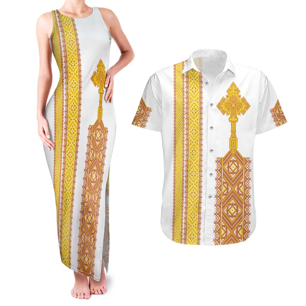 Habesha Motifs Ethiopia Couples Matching Tank Maxi Dress and Hawaiian Shirt Tilet White Gold