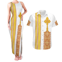 Habesha Motifs Ethiopia Couples Matching Tank Maxi Dress and Hawaiian Shirt Tilet White Gold
