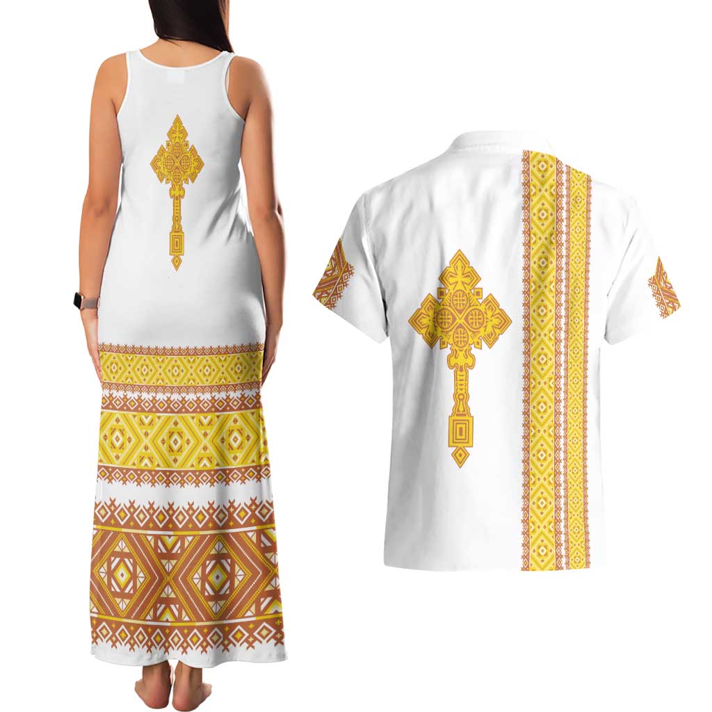 Habesha Motifs Ethiopia Couples Matching Tank Maxi Dress and Hawaiian Shirt Tilet White Gold