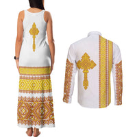 Habesha Motifs Ethiopia Couples Matching Tank Maxi Dress and Long Sleeve Button Shirt Tilet White Gold
