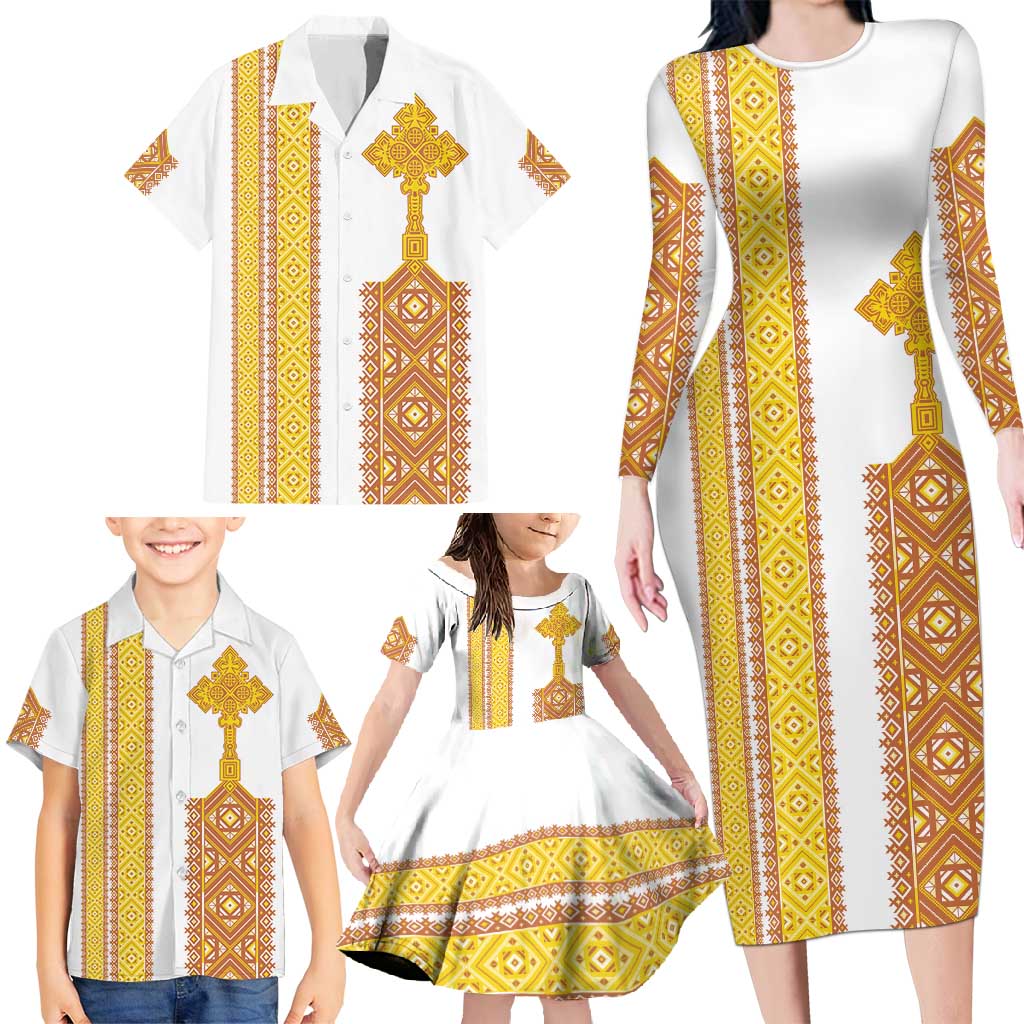 Habesha Motifs Ethiopia Family Matching Long Sleeve Bodycon Dress and Hawaiian Shirt Tilet White Gold