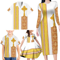 Habesha Motifs Ethiopia Family Matching Long Sleeve Bodycon Dress and Hawaiian Shirt Tilet White Gold