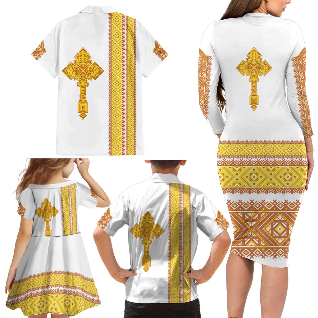 Habesha Motifs Ethiopia Family Matching Long Sleeve Bodycon Dress and Hawaiian Shirt Tilet White Gold