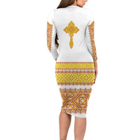 Habesha Motifs Ethiopia Family Matching Long Sleeve Bodycon Dress and Hawaiian Shirt Tilet White Gold